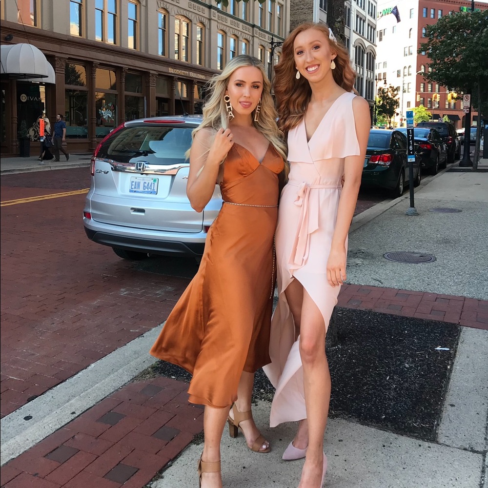 Rust satin midi slip dress